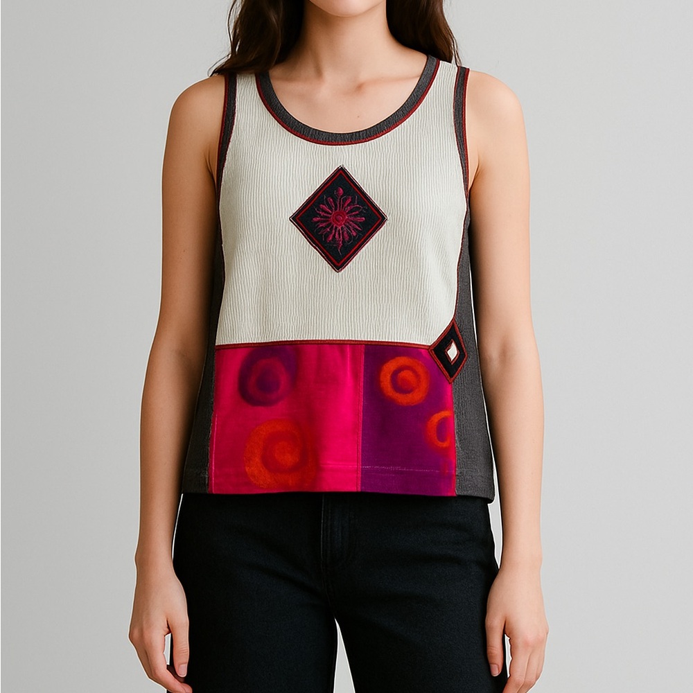 Alexandria Pierce Vintage Sleeveless Top – XL Colorful Embroidered Boho Blouse